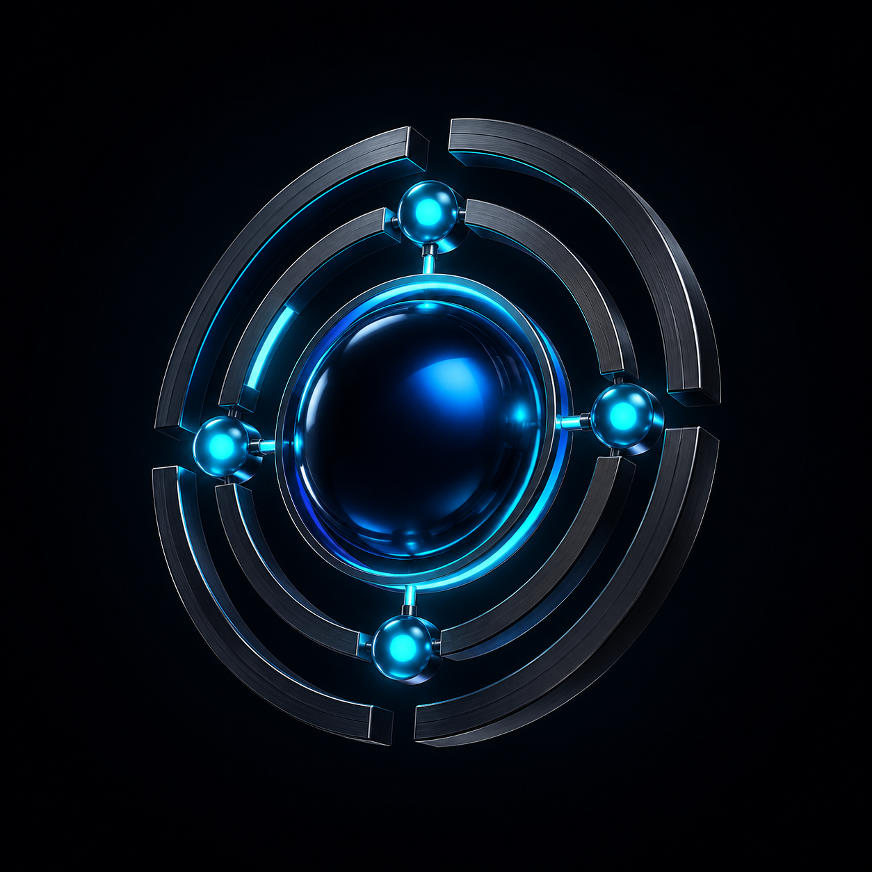 Núcleo de inteligência com órbitas azuis e ciano, inspirado no símbolo da Proxius AI