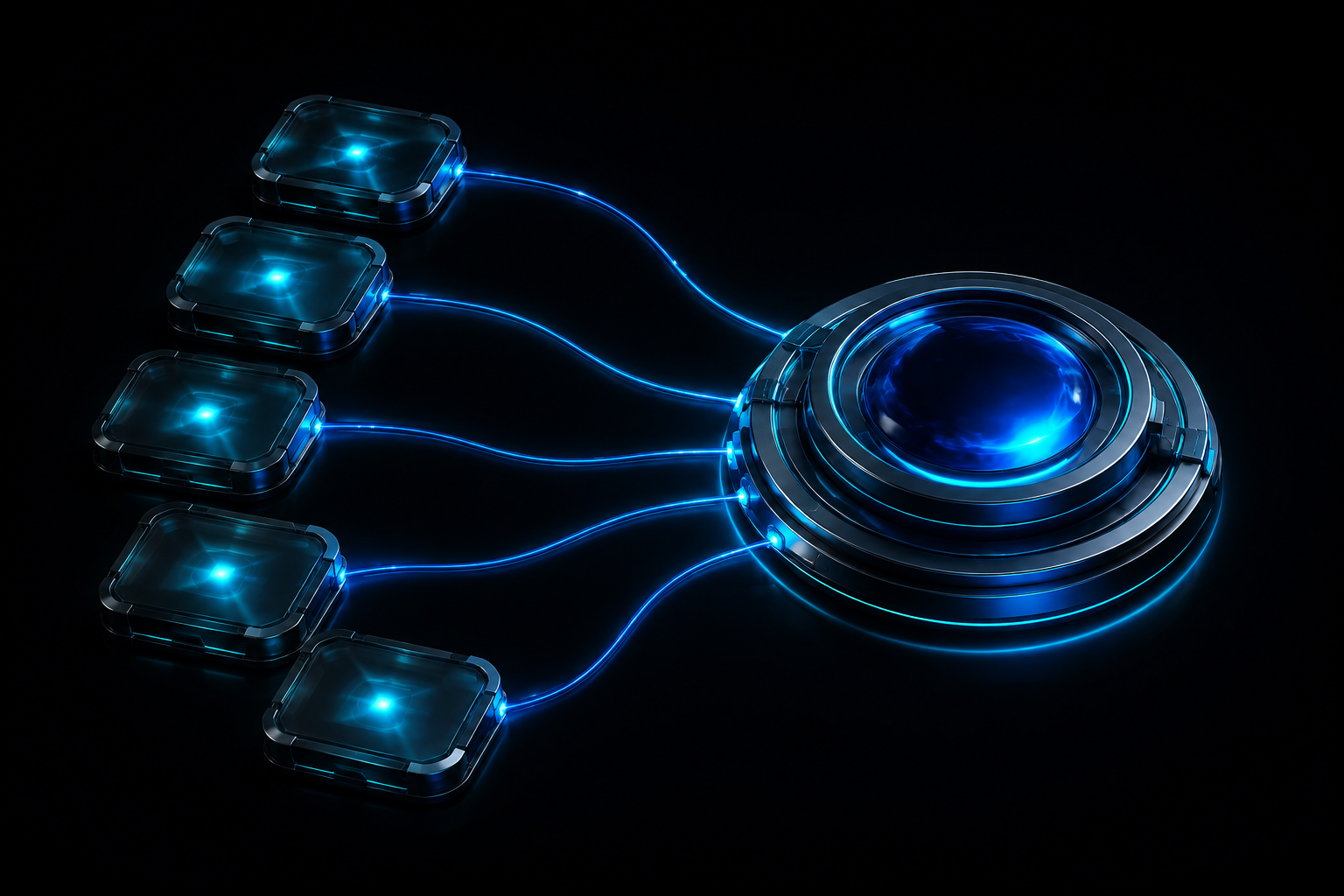 Módulos digitais conectados por filamentos de luz azul a um núcleo central de inteligência